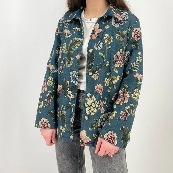 vintage spruce blue boho floral tapestry button down jacket size M - Picture 4 of 9